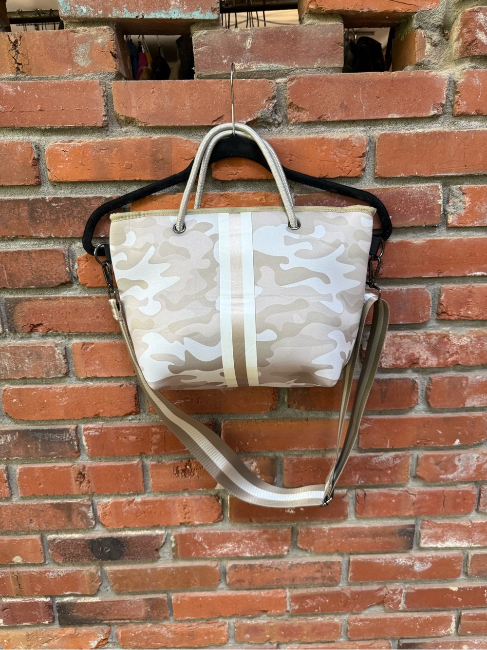 HAUTE SHORE Beige Camo Tote with Stripe Detail